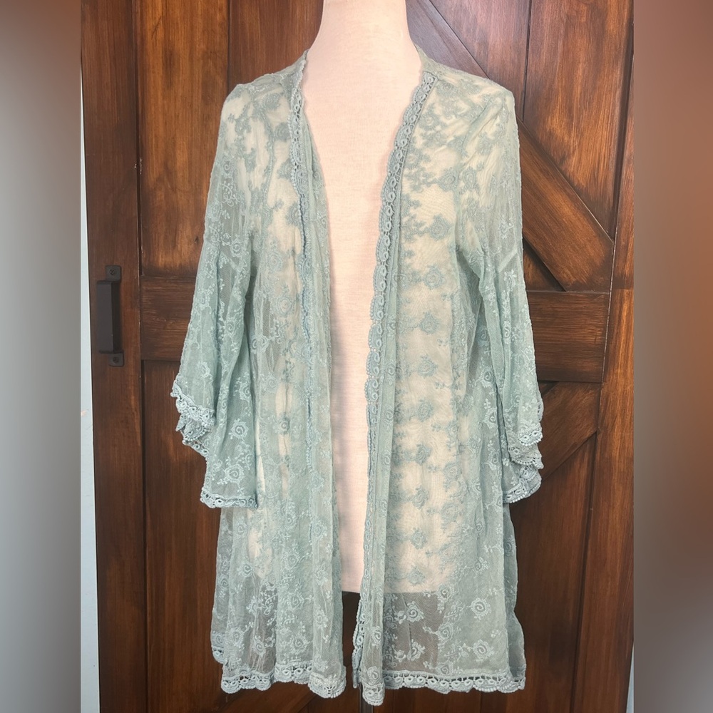 Magnolia Lane Bohemian Blue Lace Kimono Cardigan with‎ Bell Sleeves Women's XL